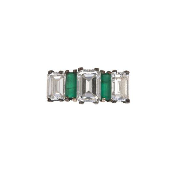 Emerald-cut diamond and emerald ring
