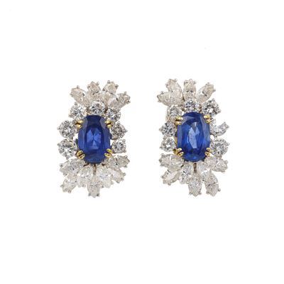 Orecchini in oro bianco e giallo 750/1000 con zaffiri dello Sri Lanka e diamanti, senza trattamen...