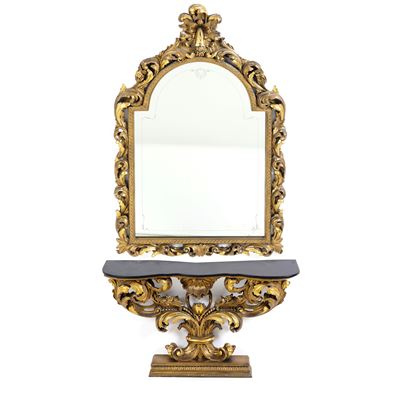 Consolle con Specchiera in Legno Intagliato e Dorato. XIX-XX Secolo