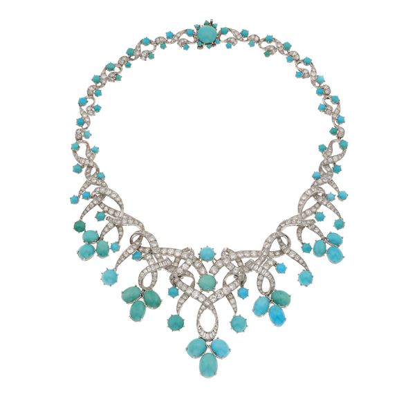 Diamond, turquoise and gold necklace. Signed Monture Faraone. Fitted case