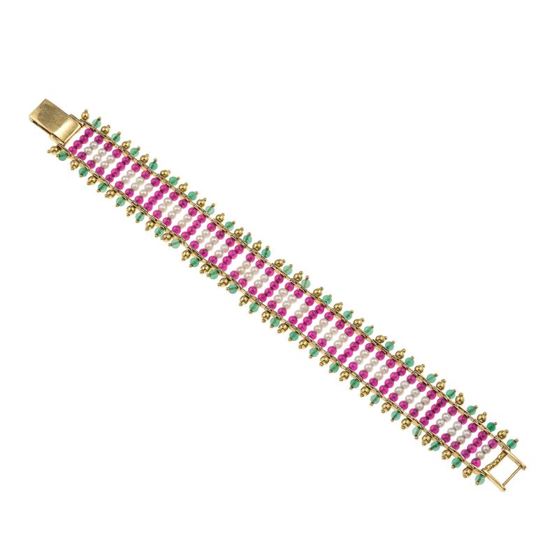 Ruby, emerald, pearl and gold bracelet  - Auction Fine Jewellery - Cambi Casa d'Aste
