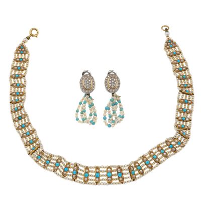 Lotto Composto da un Choker e un Paio di Orecchini con Piccole Perle, Turchesi e Diamanti