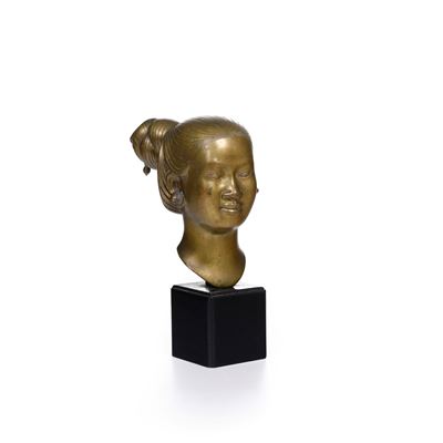 Testa di Giovane Donna Vietnamita in Bronzo Dorato, Nguyen Thanh, Vietnam, XX Secolo