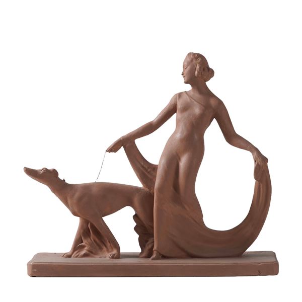 Scultore del XX secolo Donna con levriero