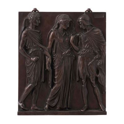 Bassorilievo raffigurante Orfeo, Euridice ed Ermes, bronzo patinato (XX secolo)