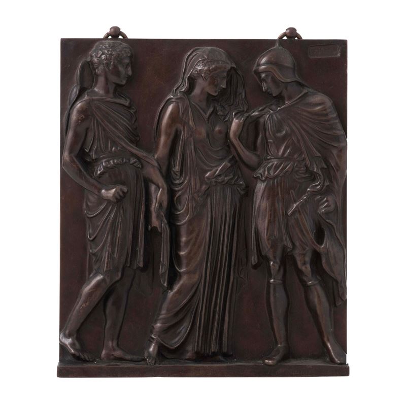 Bassorilievo raffigurante Orfeo, Euridice ed Ermes. XX secolo  - Asta La Wunderkammer di Ettore Mocchetti - Cambi Casa d'Aste