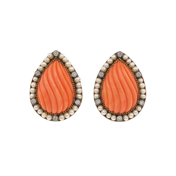 Pair of carved coral, diamond and pearl earrings