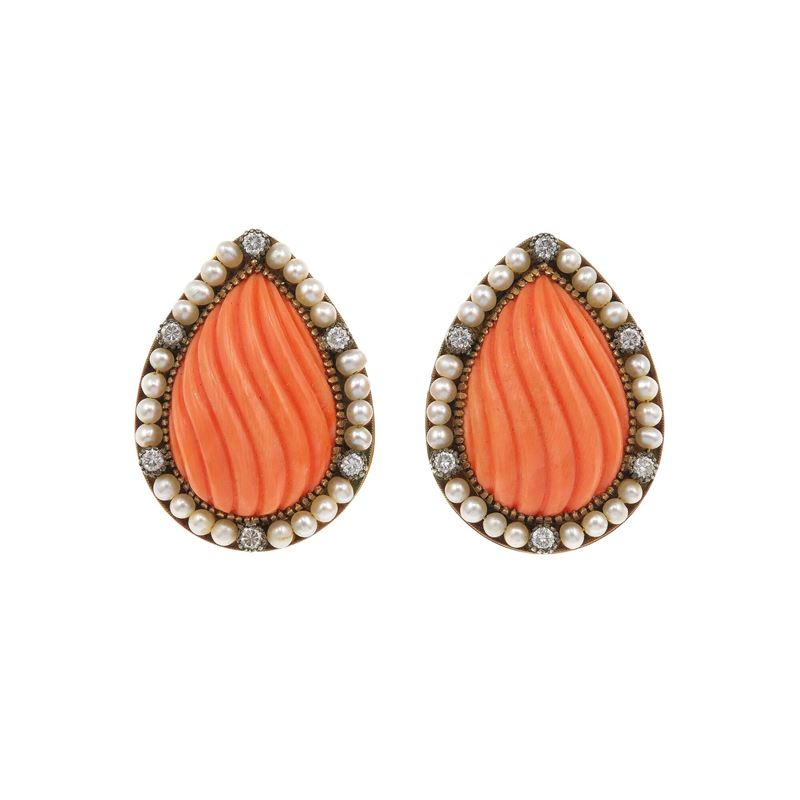 Pair of carved coral, diamond and pearl earrings  - Auction Fine Jewellery - Cambi Casa d'Aste