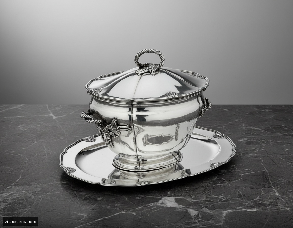Zuppiera con Présentoir. Argenteria Italiana del XX Secolo,. Argentiere Rinaldo Gelso, Varese per...