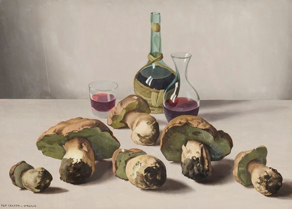 Ugo Celada da Virgilio - Natura morta con bottiglie e funghi