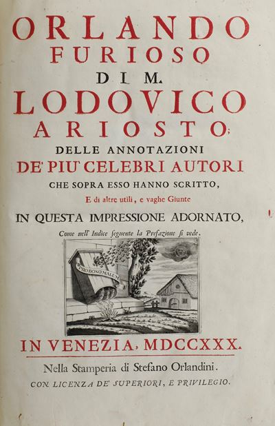 Ariosto Ludovico (1474-1533) Orlando Furioso..in Venezia, nella Stamperia di Stefano Orlandini, 1...