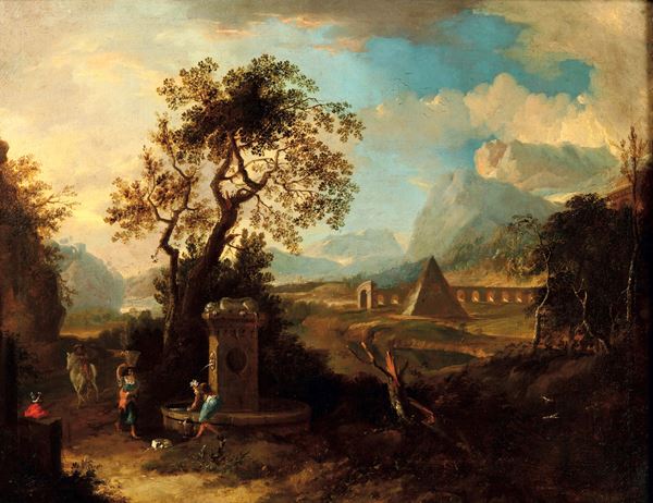 Paesaggio fluviale con figure vicino a una fontana