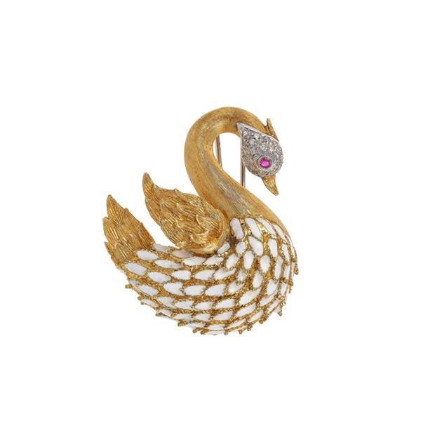 Enamel, diamond, ruby and gold "swan" brooch