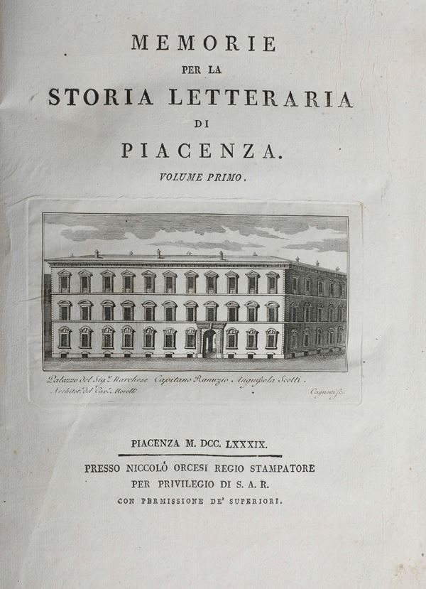 Poggiali Cristoforo (1721-1811) Memorie per la storia letteraria di Piacenza.  Piacenza, presso Niccolò Orcesi, 1789
