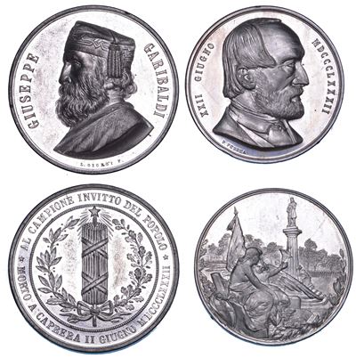 Giuseppe Garibaldi, Lotto di due medaglie in metallo bianco, 1882