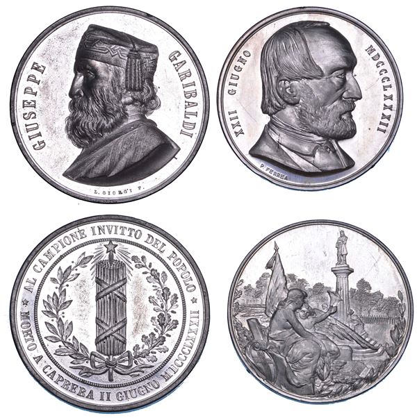 MILANO e GENOVA. GIUSEPPE GARIBALDI, 1807-1882.  Lotto di due medaglie in metallo bianco 1882.