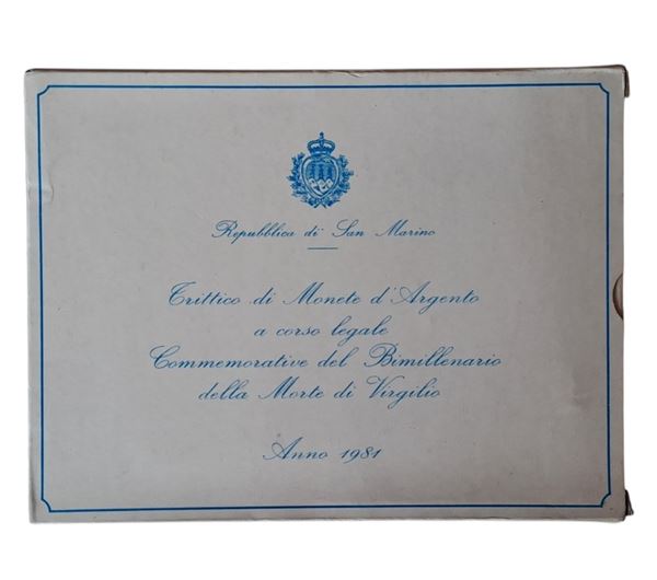 San Marino 1981: trittico commemorativo del Bimillenario della morte di Virgilio, contenente tre monete FdC in argento (2 X 500 + 1 X 1.000 Lire). 