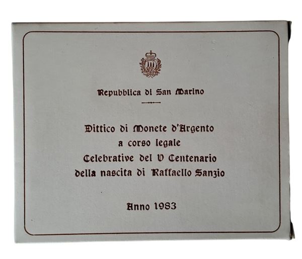 San Marino 1983: dittico celebrativo del V centenario della nascita di Raffaele Sanzio, contenente due monete FdC in argento (1 X 500 + 1 X 1.000). 