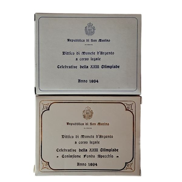San Marino 1984: doppio dittico Fondo Specchio (proof) e Fior di Conio, celebrativo della XXIII Olimpiade, contenente 4 monete in argento (2 X 500 + 2 X 1.000 Lire).