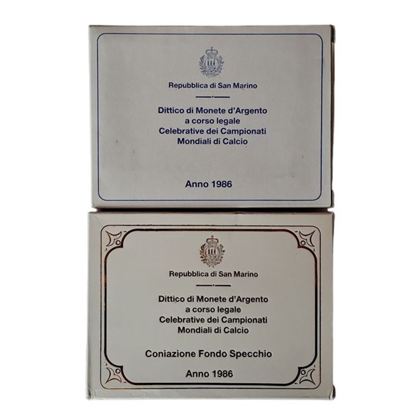 San Marino 1986: doppio dittico Fondo Specchio (proof) e Fior di Conio, celebrativo dei Campionati Mondiali di Calcio, 4 monete in argento (2 X 500 + 2 X 1.000 Lire). 