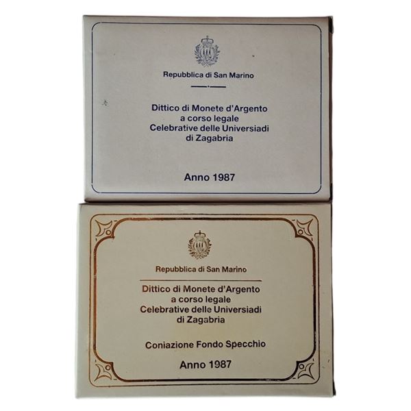 San Marino 1987: doppio dittico Fondo Specchio (proof) e Fior di Conio, delle Universiadi di Zagabria, contenente 4 monete in argento (2 X 500 + 2 X 1.000 Lire). 