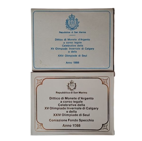 San Marino 1988: doppio dittico Fondo Specchio (proof) e Fior di Conio, delle XV Olimpiadi invernali di Calgary e della XIV Olimpiade di Seul, contenente 4 monete in argento (2 X 500 + 2 X 1.000 Lire). 