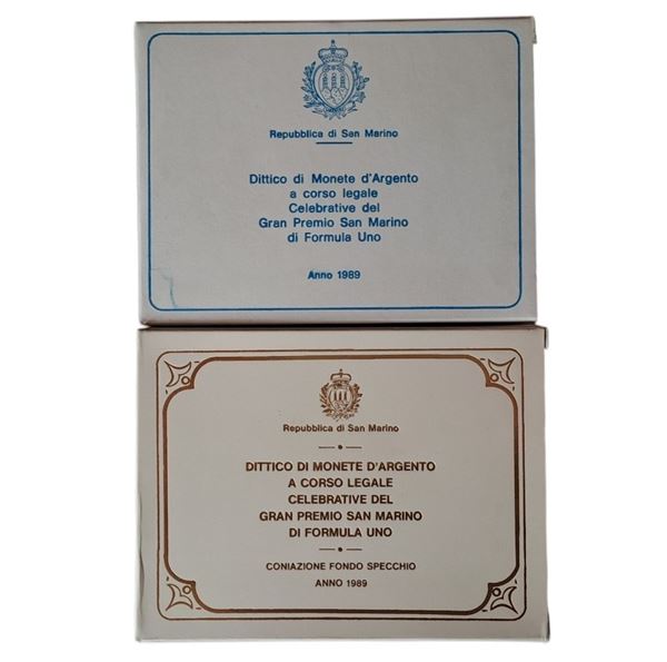 San Marino 1989: doppio dittico Fondo Specchio (proof) e Fior di Conio, del Gran Premio di San Marino di Formula Uno, contenente 4 monete in argento (2 X 500 + 2 X 1.000 Lire). 