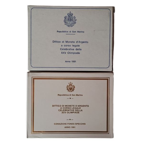 San Marino 1991: doppio dittico Fondo Specchio (proof) e Fior di Conio, della XXV Olimpiade di Barcellona, contenente 4 monete in argento (2 X 500 + 2 X 1.000 Lire). 