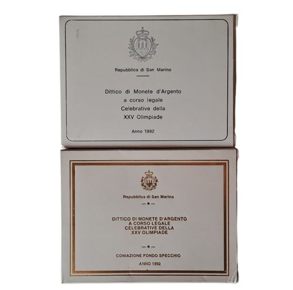 San Marino 1992: doppio dittico Fondo Specchio (proof) e Fior di Conio, della XXV Olimpiade, contenente 4 monete in argento (2 X 500 + 2 X 1.000 Lire). 