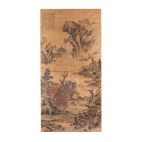 Scroll depicting a mountain landscape scene with inscriptions, China, early 20th century