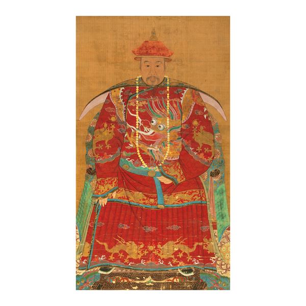 Scroll painting depicting emperor wearing traditional Chinese robe with dragons, China, Qing Dynasty, 19th century