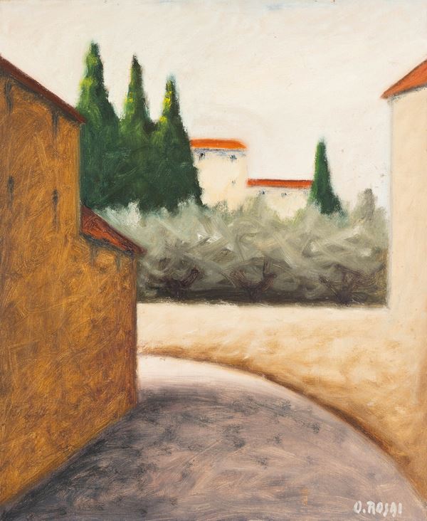 Ottone Rosai - Strada in curva con case, ulivi, cipressi