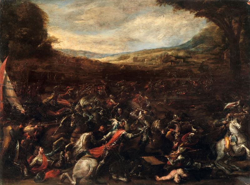 Melchiorre Gherardini detto il Ceranino : Scontro di cavalleria  - olio su tavola - Asta Old Masters - II - Cambi Casa d'Aste
