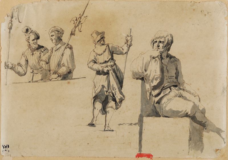 Scuola veneta del XVIII secolo Studi di personaggi  - penna, inchiostro bruno e acquerello grigio su carta - Auction Old Masters Paintings - I - Cambi Casa d'Aste