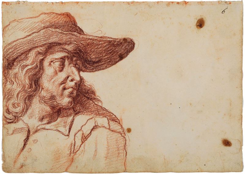 Scuola fiorentina del XVII secolo Uomo con cappellaccio  - matita rossa su carta - Asta Dipinti Antichi - I - Cambi Casa d'Aste