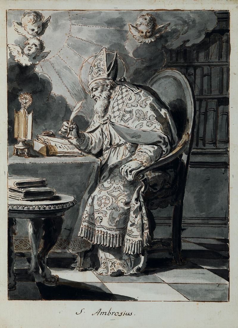 Pietro Antonio Novelli : Sant'Ambrogio nello studio  - penna, inchiostro bruno e acquerello grigio su carta - Asta Dipinti Antichi - I - Cambi Casa d'Aste