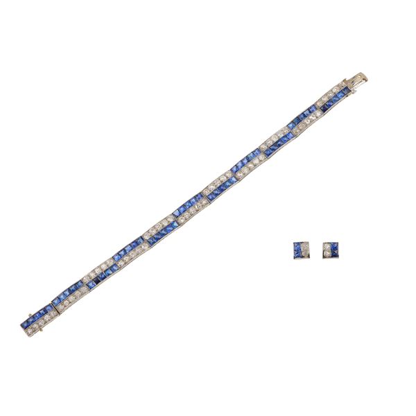 Synthetic sapphire and diamond demi-parure