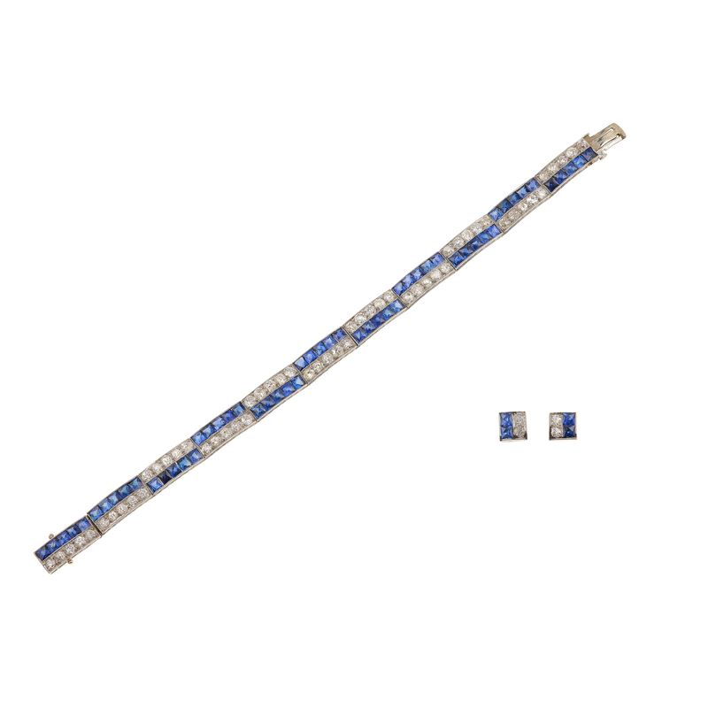 Synthetic sapphire and diamond demi-parure  - Auction Fine Jewellery - Cambi Casa d'Aste