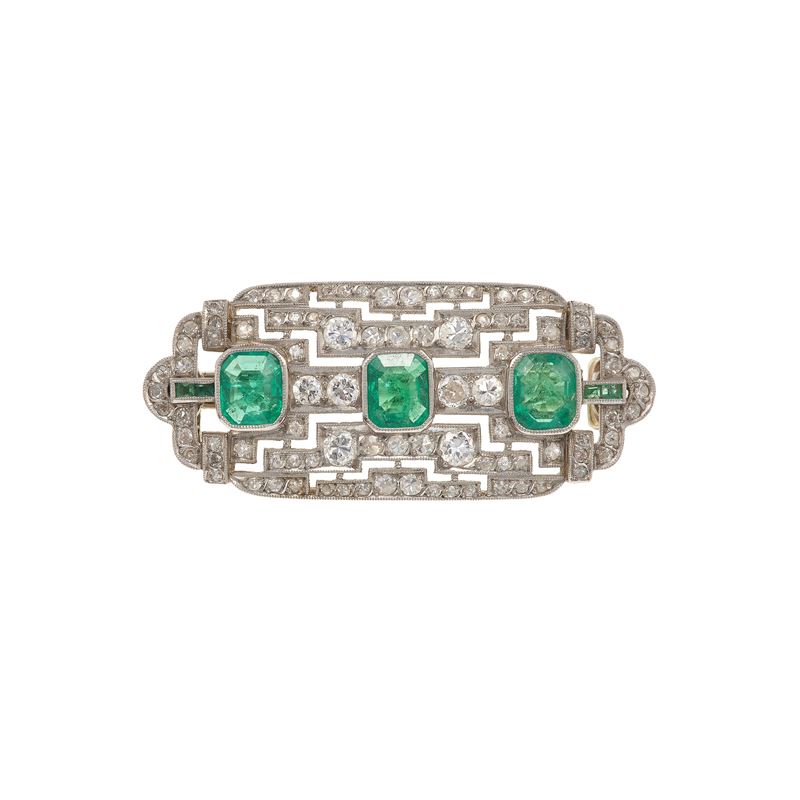 Emerald, diamond and platinum brooch  - Auction Fine Jewellery - Cambi Casa d'Aste