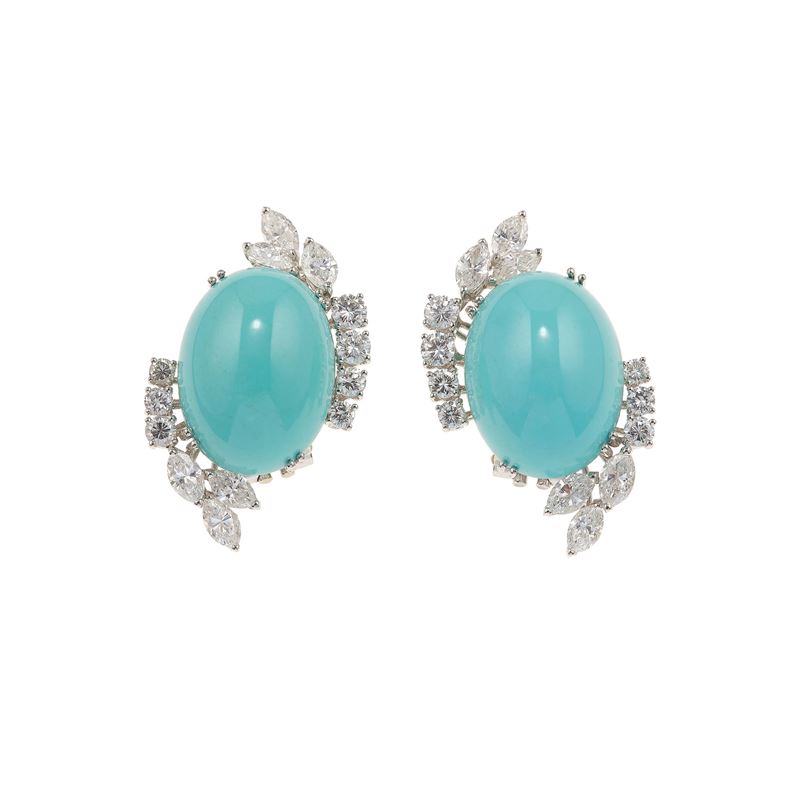 Pair of diamond, turquoise paste and gold earrings  - Auction Fine Jewellery - Cambi Casa d'Aste