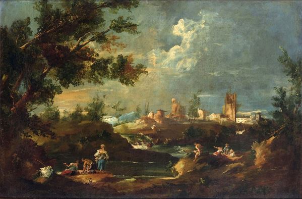Francesco Guardi (1712 Venezia - 1793 Venezia) e Giacomo Guardi (1764 Venezia - 1835 Venezia) Paesaggio con lavandaie e pescatori