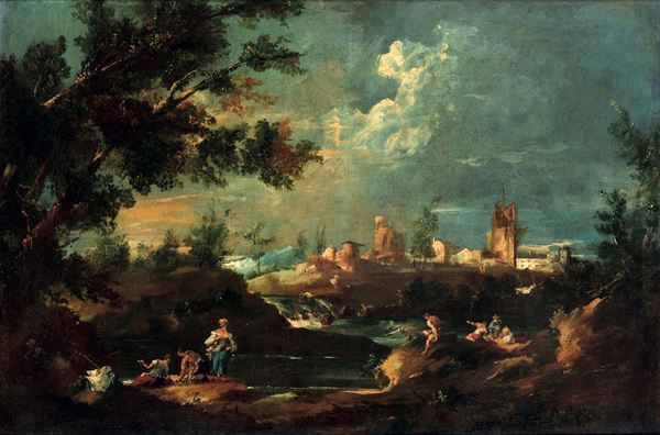 Francesco Guardi (1712 Venezia - 1793 Venezia) e Giacomo Guardi (1764 Venezia - 1835 Venezia) Paesaggio con lavandaie e pescatori