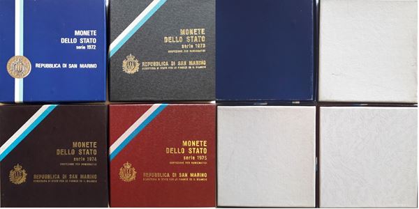 San Marino 1972-1975. 4 divisionali Fior di Conio con altrettante monete d’argento. 