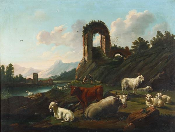 Scuola della fine del XVIII-inizio del XIX secolo Paesaggio con pastori e armenti