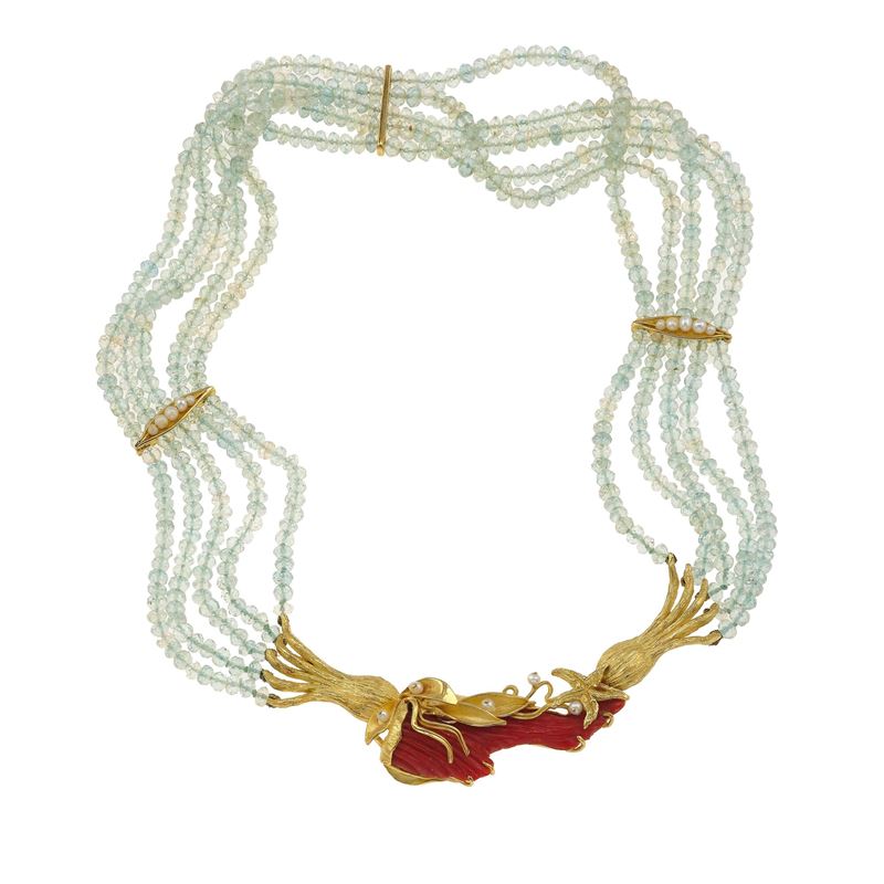 Aquamarine, coral, pearl and gold necklace  - Auction Jewels - Cambi Casa d'Aste