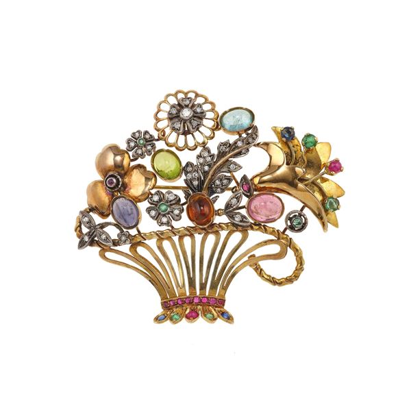 Spilla/pendente con gem-set e diamanti