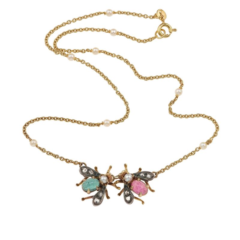 Girocollo "mosche" con tormaline taglio cabochon e piccole perle  - Asta Gioielli - Cambi Casa d'Aste