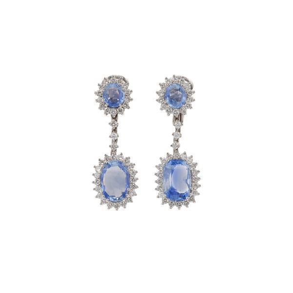 Pair of Sri Lanka sapphire, diamond and gold earrings