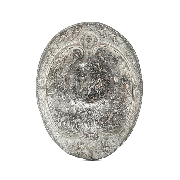 Scudo Milton. Il paradiso perduto. Arte inglese del XIX secolo, manifattura Elkington & Co. su disegno di Leonard Morel-Ladeui