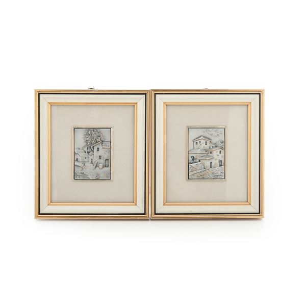 Coppia di piccoli bassorilievi in argento 925. Italia XX-XXI secolo